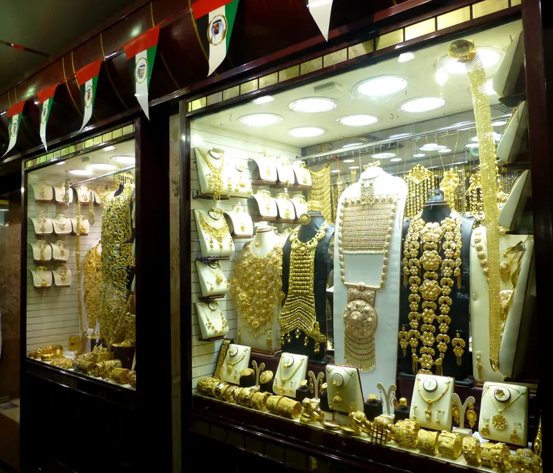 Gold jewellery on display in a Gold Souk window