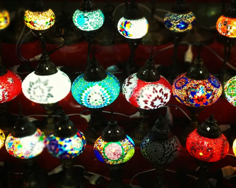 Glowing mosaic lamps for sale in the Old Souk